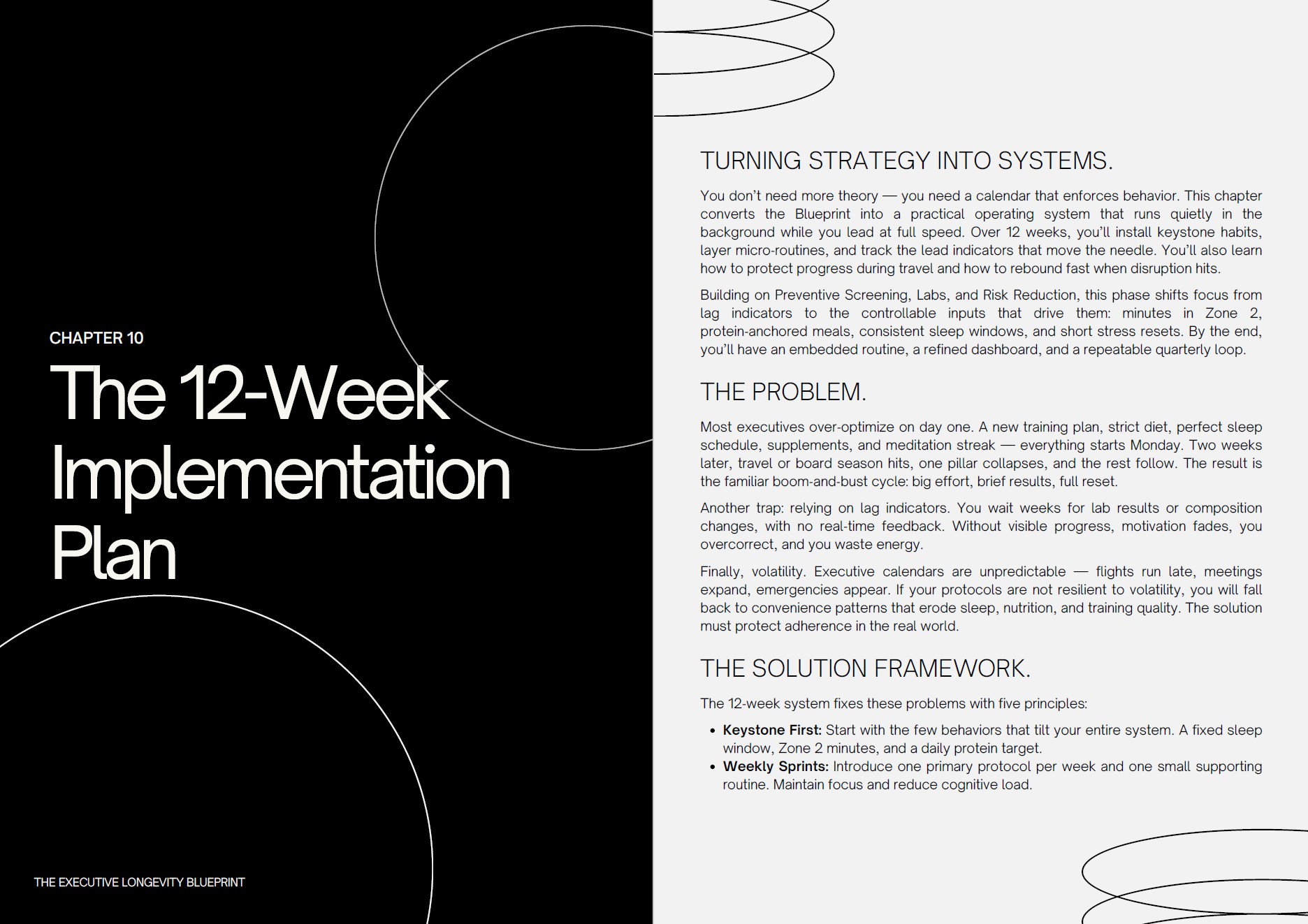 A spread from The Executive Longevity Blueprint — the 12-Week Implementation Plan